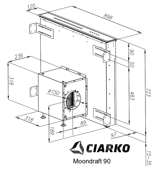 Okap blatowy Ciarko Moondraft Czarny Mat/Czarne szkło 60cm wyciąg