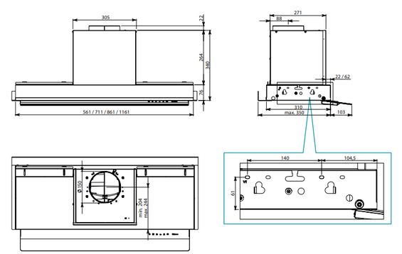 Okap Falmec Virgola Touch No-drop 60 inox 800 m³/h do zabudowy